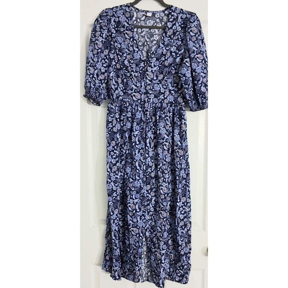 Old Navy Dress Women's Medium Blue Floral‎ Midi Puff Sleeve Button Down Peasant